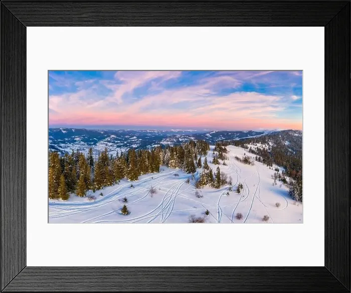 Framed Print : Magical winter panorama of beautiful snowy slopes at a ski resort in Europe on a sunny Framed Print : Magical winter panorama of beautiful snowy slopes at a ski resort in Europe on a sunny