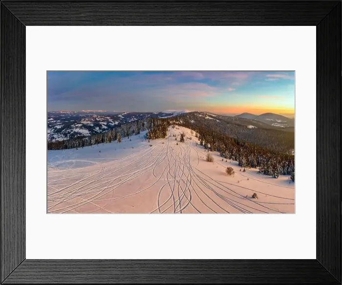 Framed Print : Magical winter panorama of beautiful snowy slopes at a ski resort in Europe on a sunny Framed Print : Magical winter panorama of beautiful snowy slopes at a ski resort in Europe on a sunny