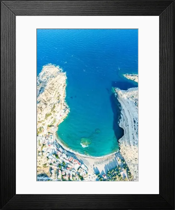 Framed Print : Aerial view of cliffs and beach washed by the turquoise colored sea, Matala, Crete, Greece Framed Print : Aerial view of cliffs and beach washed by the turquoise colored sea, Matala, Crete, Greece