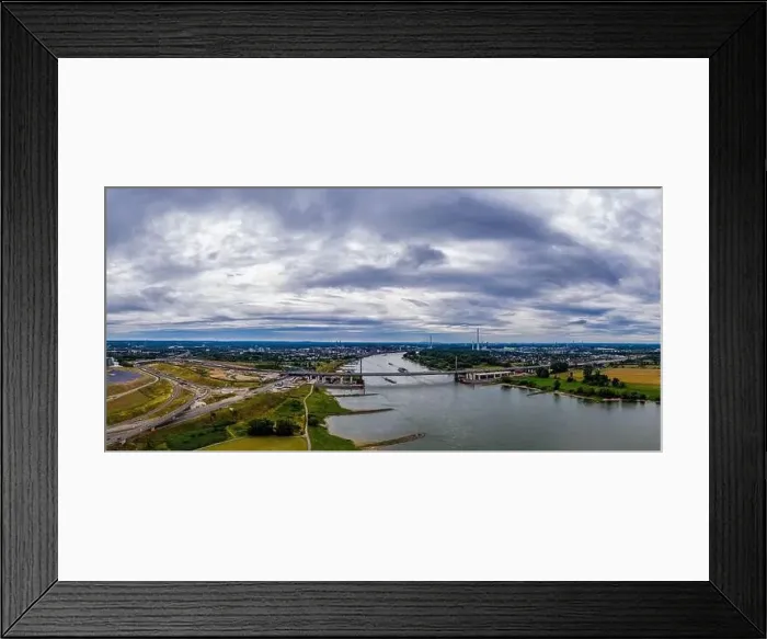 Framed Print : Panoramic view of the Rhine motorway bridge near Leverkusen, Germany. Drone photography Framed Print : Panoramic view of the Rhine motorway bridge near Leverkusen, Germany. Drone photography