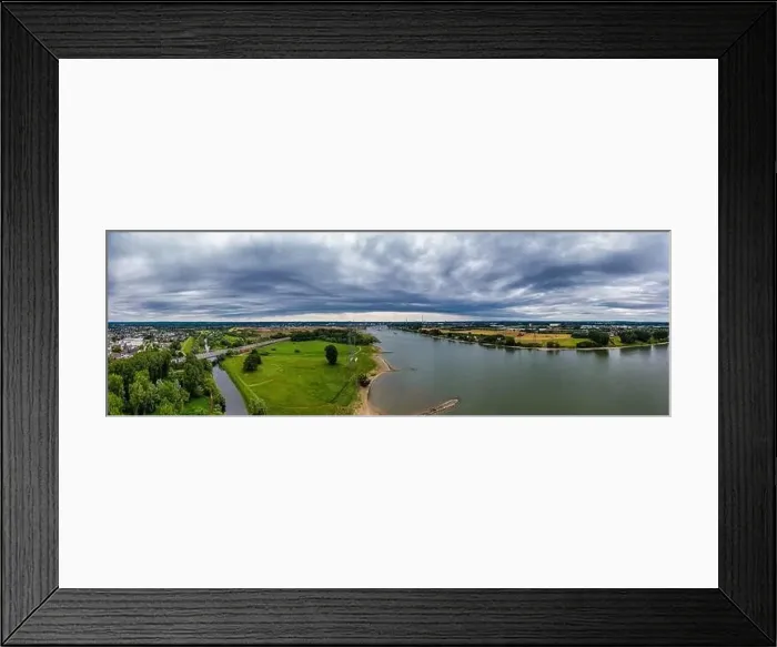 Framed Print : Panoramic view of the rivers Rhine and Wupper near Leverkusen, Germany. Drone photography Framed Print : Panoramic view of the rivers Rhine and Wupper near Leverkusen, Germany. Drone photography