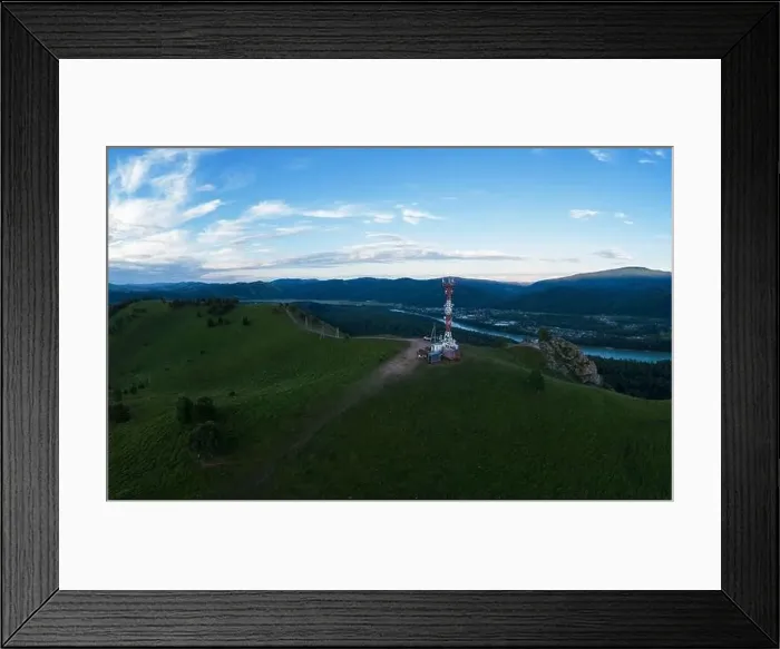 Framed Print : Aerial Panorama drone shot of beauty dawn on the peak, in the mountains in Altay, summertime Framed Print : Aerial Panorama drone shot of beauty dawn on the peak, in the mountains in Altay, summertime