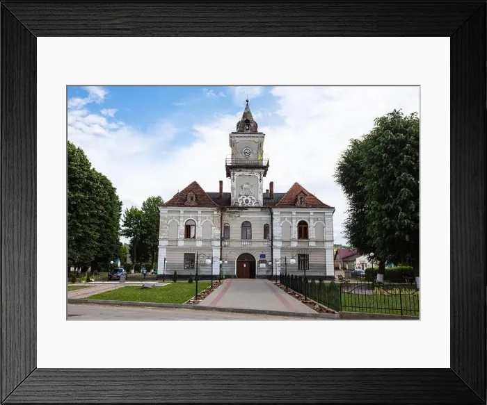 Framed Print : Dobromyl, Ukraine - July, 2021: Town Hall in Dobromyl, Ukraine Framed Print : Dobromyl, Ukraine - July, 2021: Town Hall in Dobromyl, Ukraine