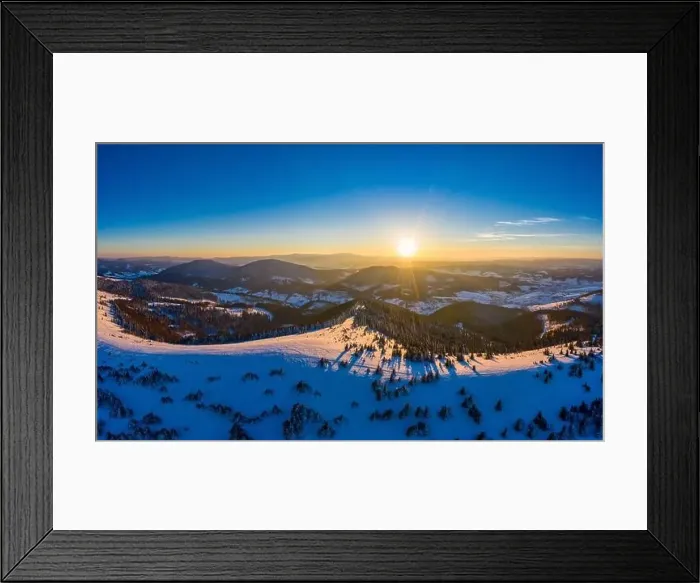 Framed Print : Picturesque winter panorama of mountain hills covered with snow and fir trees on a sunny clear day with the sun Framed Print : Picturesque winter panorama of mountain hills covered with snow and fir trees on a sunny clear day with the sun