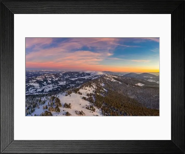 Framed Print : Picturesque winter panorama of mountain hills covered with snow and fir trees on a sunny clear day with the sun Framed Print : Picturesque winter panorama of mountain hills covered with snow and fir trees on a sunny clear day with the sun