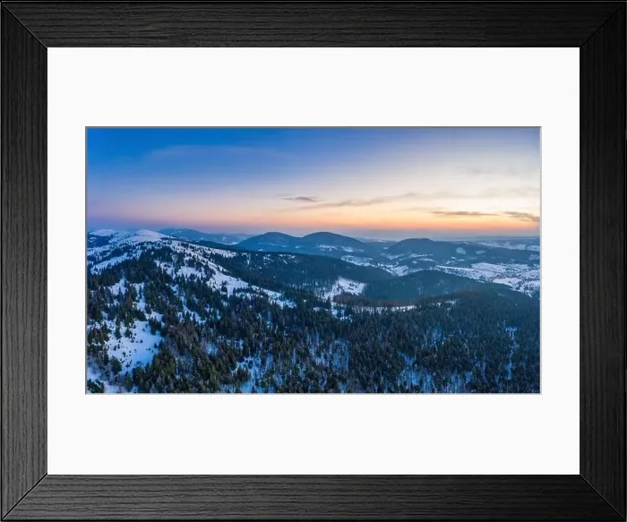 Framed Print : Picturesque winter panorama of mountain hills covered with snow and fir trees on a sunny clear day with the sun Framed Print : Picturesque winter panorama of mountain hills covered with snow and fir trees on a sunny clear day with the sun