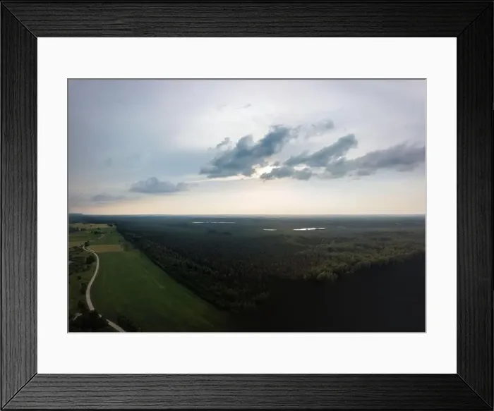 Framed Print : countryside fields and roads under cloudy sky. drone aerial image before rain Framed Print : countryside fields and roads under cloudy sky. drone aerial image before rain