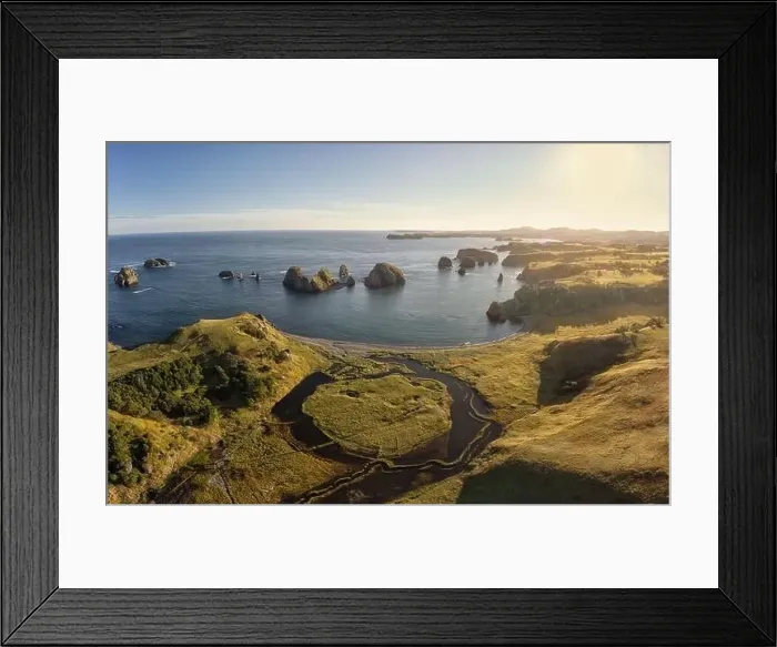 Framed Print : In the Nameless Bay on Shikotan Island, Kuril Islands, panoramic image. Aerial view Framed Print : In the Nameless Bay on Shikotan Island, Kuril Islands, panoramic image. Aerial view