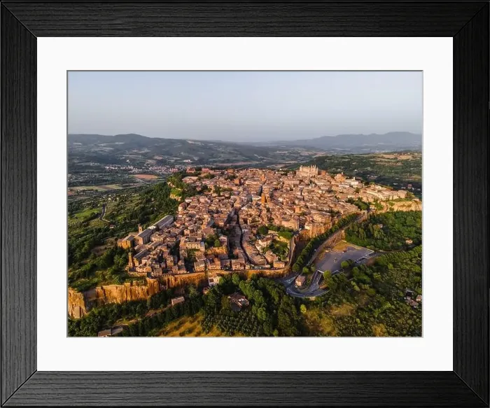 Framed Print : Drone view of Orvieto's Old Town cityscape at sunset, Orvieto, Umbria, Italy, Europe Framed Print : Drone view of Orvieto's Old Town cityscape at sunset, Orvieto, Umbria, Italy, Europe
