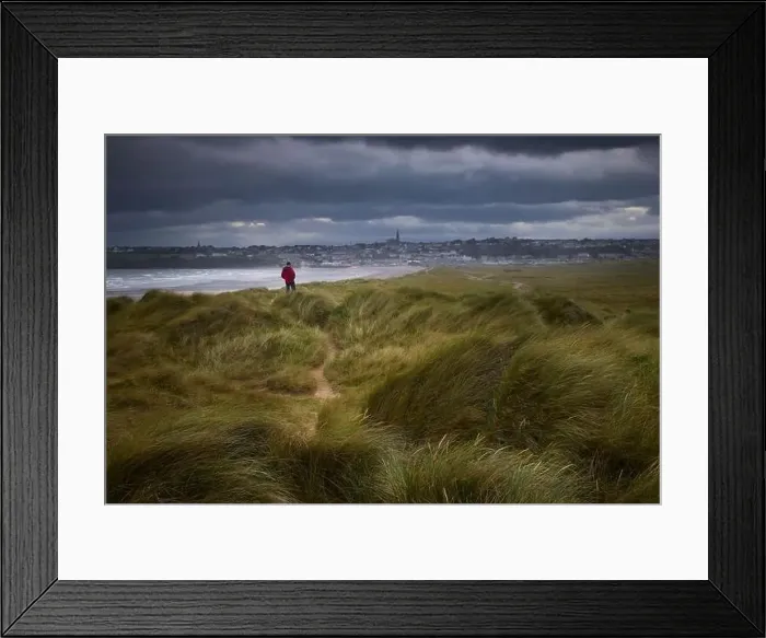 Framed Print : person on some dunes in a protected reserve looking at a city. Tramore, Waterford, Ireland Framed Print : person on some dunes in a protected reserve looking at a city. Tramore, Waterford, Ireland