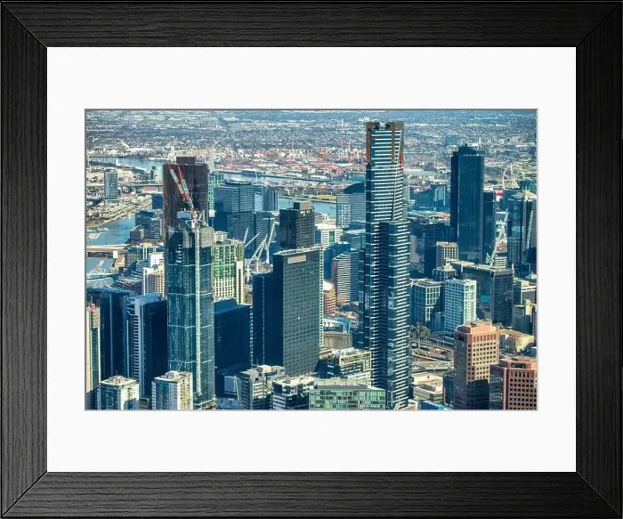 Framed Print : Amazing aerial view of Melbourne Downtown skyline on a beautiful sunny day. View from helicopter, Australia