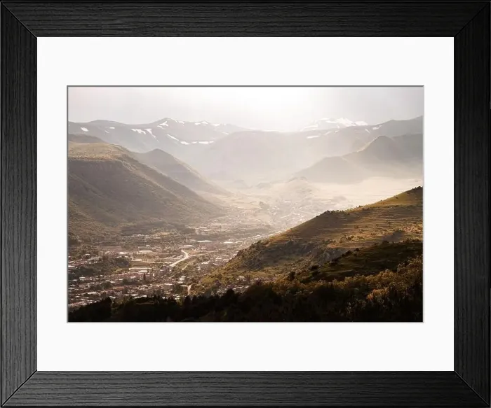 Framed Print : Aerial view of a small town or village in a mountain valley Framed Print : Aerial view of a small town or village in a mountain valley