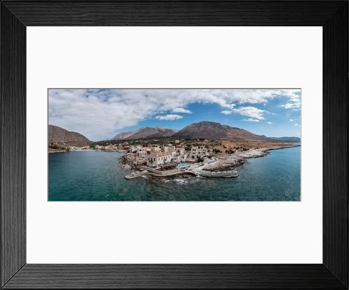 Framed Print : Panoramic aerial drone view of Gerolimenas village at Mani peninsula