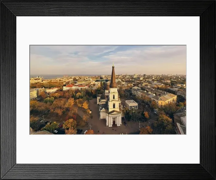 Framed Print : Autumn panorama the center city with Orthodox Cathedral in Odessa, Ukraine. Drone footage Framed Print : Autumn panorama the center city with Orthodox Cathedral in Odessa, Ukraine. Drone footage