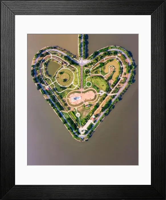 Framed Print : Aerial top view of Heart shaped island (The Holy Heart Land Talayluang) at daytime in Thung Talayluang in Sukhothai Framed Print : Aerial top view of Heart shaped island (The Holy Heart Land Talayluang) at daytime in Thung Talayluang in Sukhothai