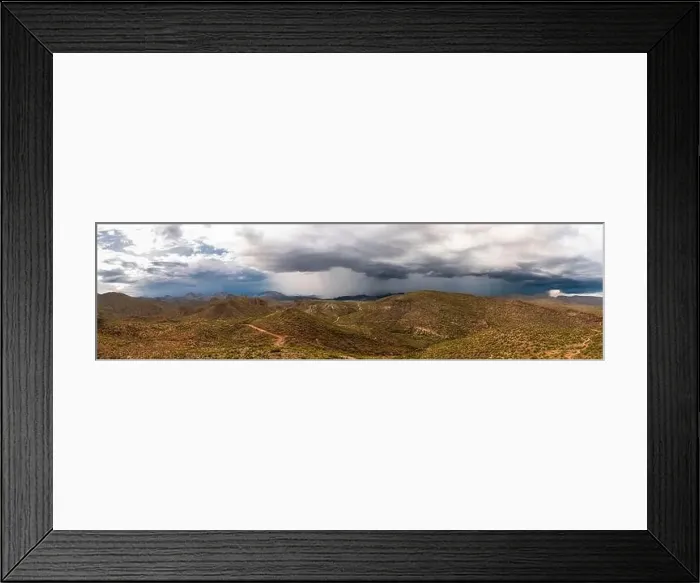 Framed Print : Aerial drone panorama image of a monsoon over the Sonoran Desert of Arizona with rugged terrain Framed Print : Aerial drone panorama image of a monsoon over the Sonoran Desert of Arizona with rugged terrain