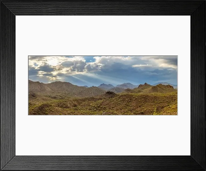 Framed Print : Aerial drone panorama image of a monsoon over the Sonoran Desert of Arizona with dramatic lighting and rugged terrain Framed Print : Aerial drone panorama image of a monsoon over the Sonoran Desert of Arizona with dramatic lighting and rugged terrain
