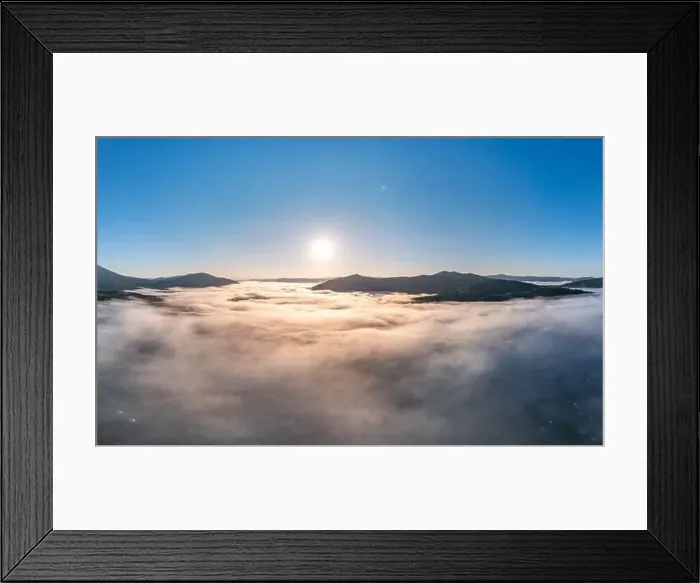 Framed Print : Banner panorama landscape Mountain with morning colorful fog sunrise, aerial top view