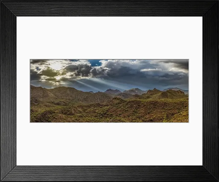 Framed Print : Aerial drone panorama image of a monsoon over the Sonoran Desert of Arizona with dramatic lighting and rugged terrain