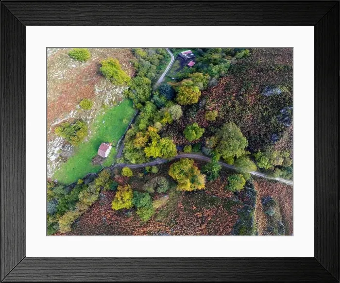 Framed Print : Aerial view forest in autumn on the path of Las Foces del Raigosu in the Asturian council of Laviana, Spain Framed Print : Aerial view forest in autumn on the path of Las Foces del Raigosu in the Asturian council of Laviana, Spain