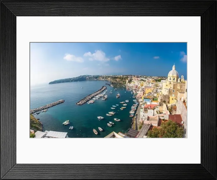 Framed Print : Aerial drone view of Corricella fisherman village in Procida island Naples Italy Framed Print : Aerial drone view of Corricella fisherman village in Procida island Naples Italy