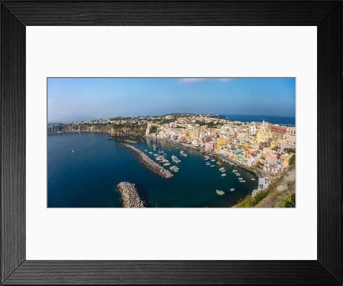 Framed Print : Aerial drone view of Italian island Procida. Marina Corricella and fort Framed Print : Aerial drone view of Italian island Procida. Marina Corricella and fort