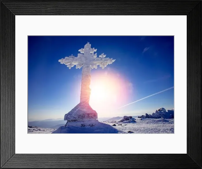 Framed Print : Cold landscape worship cross mountain Kemerovo region Russia in winter forest Framed Print : Cold landscape worship cross mountain Kemerovo region Russia in winter forest