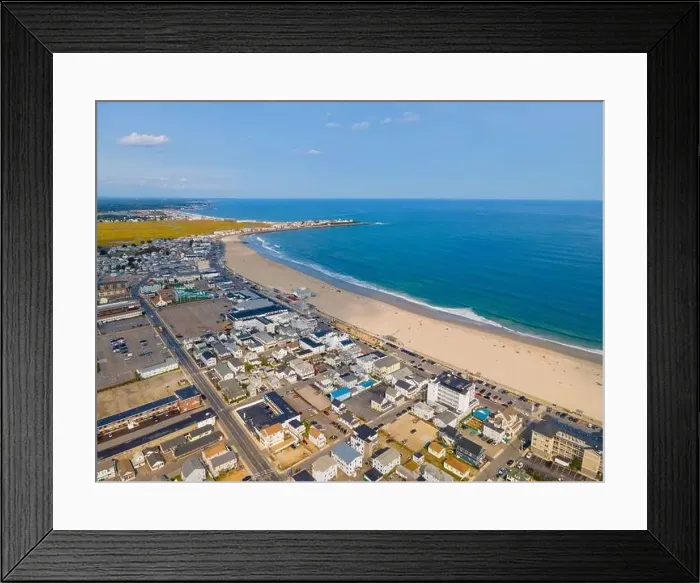 Framed Print : Hampton Beach aerial view including historic waterfront buildings on Ocean Boulevard and Hampton Beach State Park Framed Print : Hampton Beach aerial view including historic waterfront buildings on Ocean Boulevard and Hampton Beach State Park