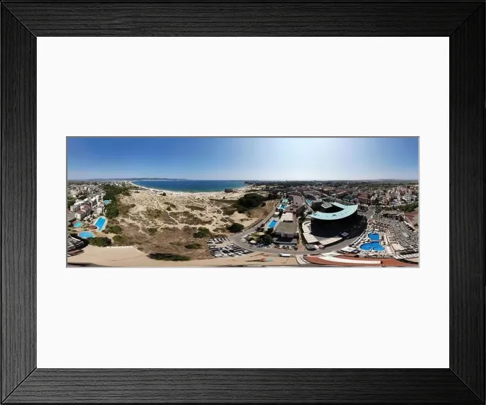 Framed Print : Aerial 360 Degree full sphere Panoramic photo view of the beach front on the beach of Sunny Beach in Bulgaria showing Framed Print : Aerial 360 Degree full sphere Panoramic photo view of the beach front on the beach of Sunny Beach in Bulgaria showing