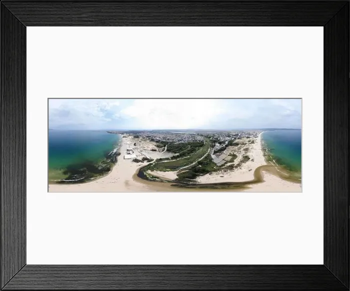 Framed Print : Aerial 360 Degree full sphere Panoramic photo view of the beach front on the beach of Sunny Beach in Bulgaria showing Framed Print : Aerial 360 Degree full sphere Panoramic photo view of the beach front on the beach of Sunny Beach in Bulgaria showing