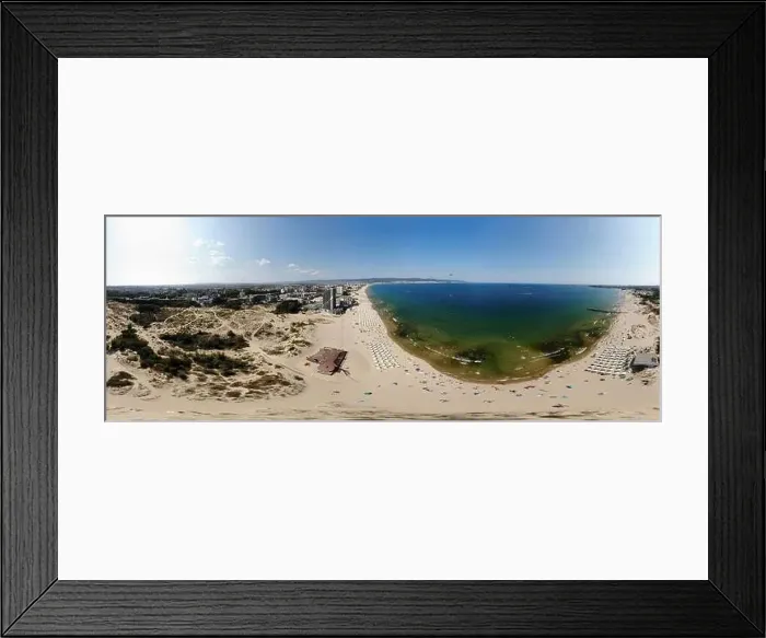 Framed Print : Aerial 360 Degree full sphere Panoramic photo view of the beach front on the beach of Sunny Beach in Bulgaria showing Framed Print : Aerial 360 Degree full sphere Panoramic photo view of the beach front on the beach of Sunny Beach in Bulgaria showing