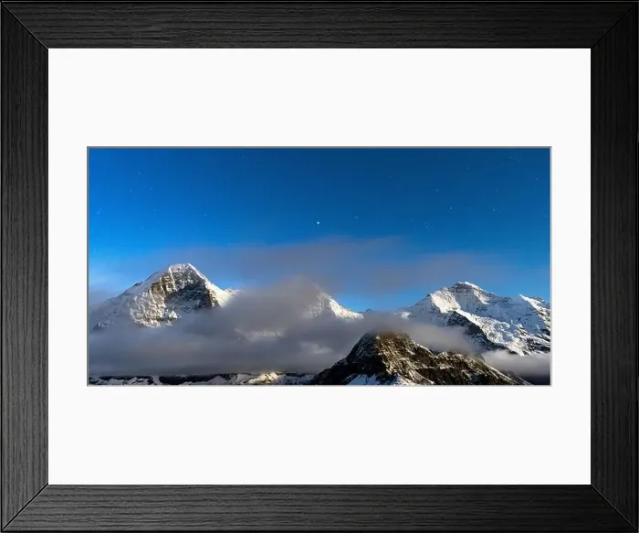 Framed Print : Stars glowing over the snowcapped Eiger, Monch and Jungfrau peaks in the night fog, Mannlichen, Bern canton, Switzerland Framed Print : Stars glowing over the snowcapped Eiger, Monch and Jungfrau peaks in the night fog, Mannlichen, Bern canton, Switzerland