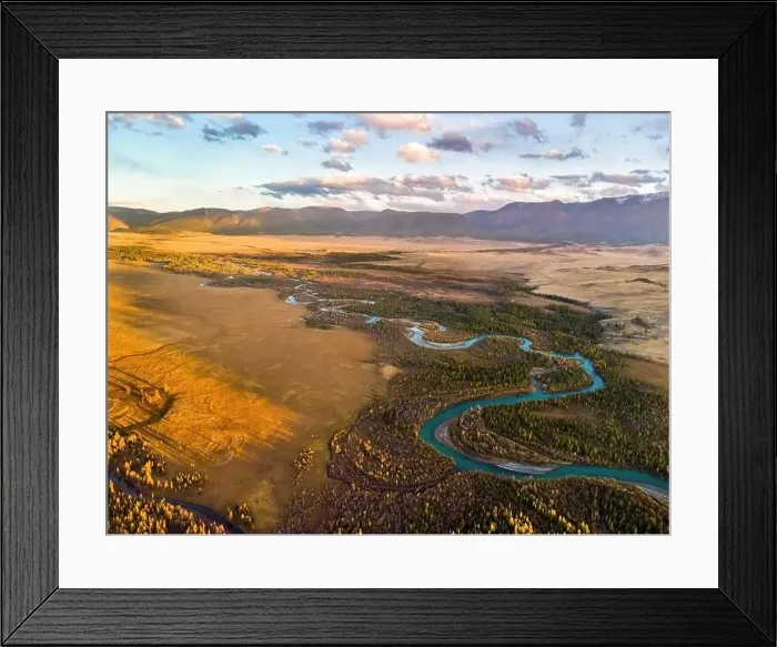 Framed Print : Kurai steppe and Chuya river on North-Chui ridge background. Altai mountains, Russia. Aerial drone panoramic picture Framed Print : Kurai steppe and Chuya river on North-Chui ridge background. Altai mountains, Russia. Aerial drone panoramic picture
