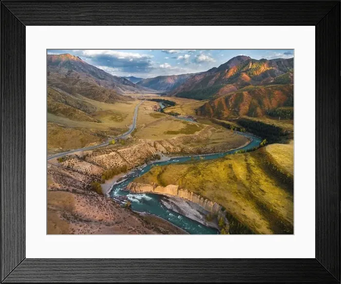 Framed Print : Chuya River in the Kurai Steppe, Altai Mountains, Siberia, Russia. Aerial view from a drone. Beautiful autumn landscape Framed Print : Chuya River in the Kurai Steppe, Altai Mountains, Siberia, Russia. Aerial view from a drone. Beautiful autumn landscape