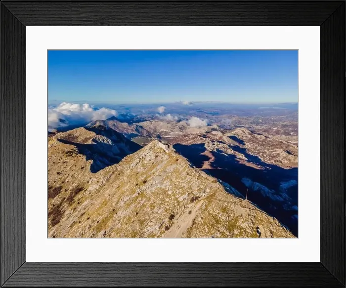 Framed Print : Petar II Petrovic-Njegos mausoleum on the top of mount Lovchen in Montenegro. Aerial view, drone Framed Print : Petar II Petrovic-Njegos mausoleum on the top of mount Lovchen in Montenegro. Aerial view, drone