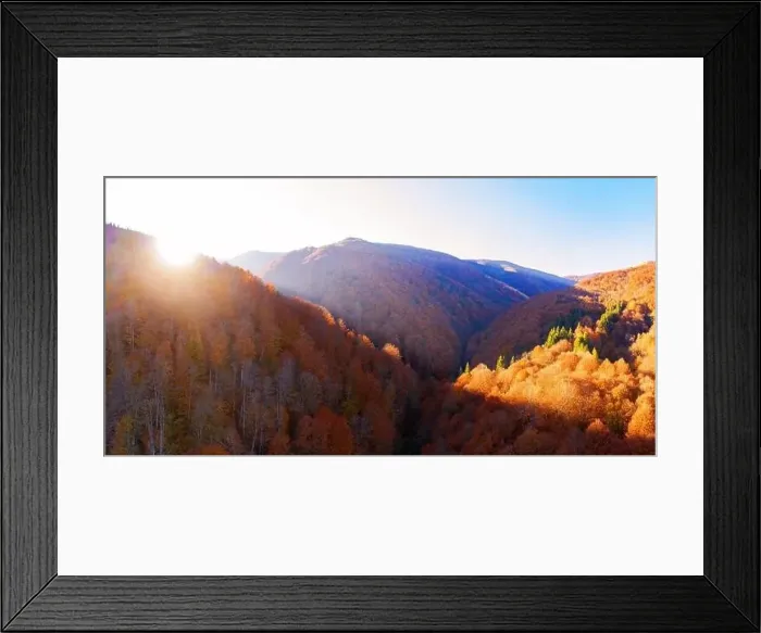 Framed Print : Wonderful autumn landscape in the mountains at dawn. Drone view of the autumn forest and low clouds Framed Print : Wonderful autumn landscape in the mountains at dawn. Drone view of the autumn forest and low clouds