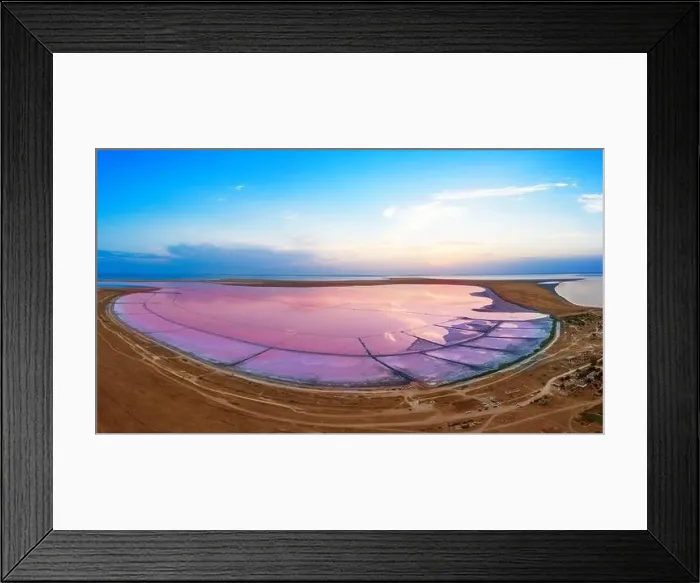 Framed Print : Lake with pink healing salt water on a background of sunset and sunrise. Drone view. Wonderful summer landscape Framed Print : Lake with pink healing salt water on a background of sunset and sunrise. Drone view. Wonderful summer landscape