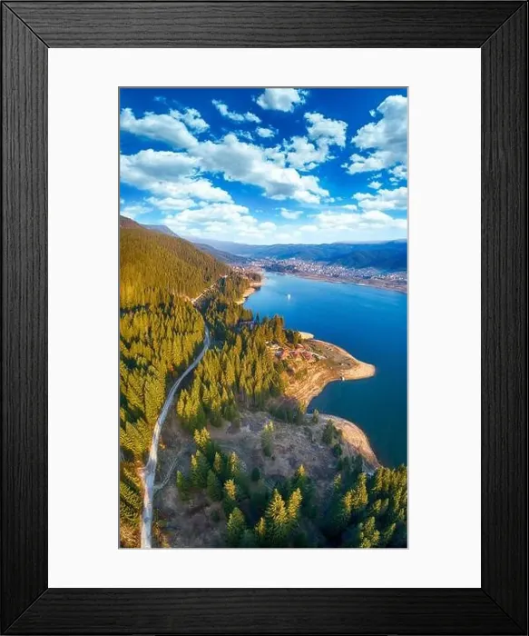 Framed Print : drone image. aerial view of rural area with fields and forest lake Framed Print : drone image. aerial view of rural area with fields and forest lake