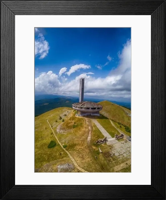 Framed Print : Drone top view Buzludzha - abandoned communist building in the Balkan mountains, Bulgaria. UFO dish look a like Framed Print : Drone top view Buzludzha - abandoned communist building in the Balkan mountains, Bulgaria. UFO dish look a like