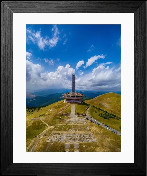 Framed Print : Drone top view Buzludzha - abandoned communist building in the Balkan mountains, Bulgaria. UFO dish look a like Framed Print : Drone top view Buzludzha - abandoned communist building in the Balkan mountains, Bulgaria. UFO dish look a like