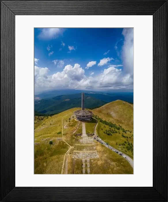 Framed Print : Drone top view Buzludzha - abandoned communist building in the Balkan mountains, Bulgaria. UFO dish look a like