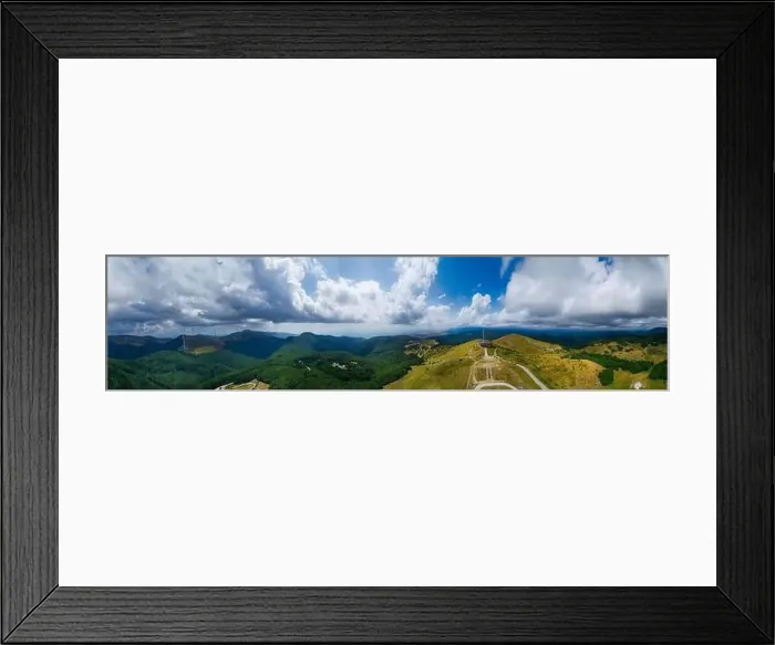 Framed Print : Drone top view Buzludzha - abandoned communist building in the Balkan mountains, Bulgaria. UFO dish look a like