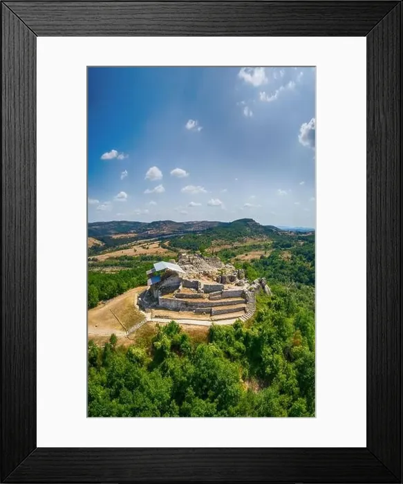 Framed Print : Drone top view Thracian sanctuary, located near Tatul, Bulgaria, Carved grave cut in the rock, II millennium BC Framed Print : Drone top view Thracian sanctuary, located near Tatul, Bulgaria, Carved grave cut in the rock, II millennium BC