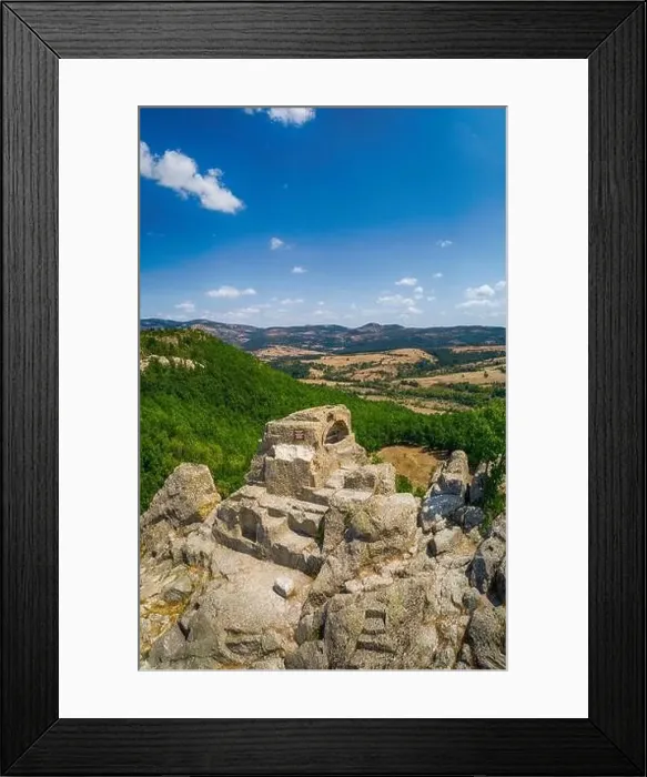 Framed Print : Drone top view Thracian sanctuary, located near Tatul, Bulgaria, Carved grave cut in the rock, II millennium BC Framed Print : Drone top view Thracian sanctuary, located near Tatul, Bulgaria, Carved grave cut in the rock, II millennium BC