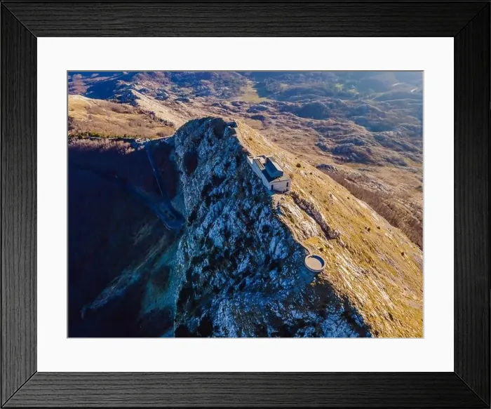 Framed Print : Petar II Petrovic-Njegos mausoleum on the top of mount Lovchen in Montenegro. Aerial view, drone