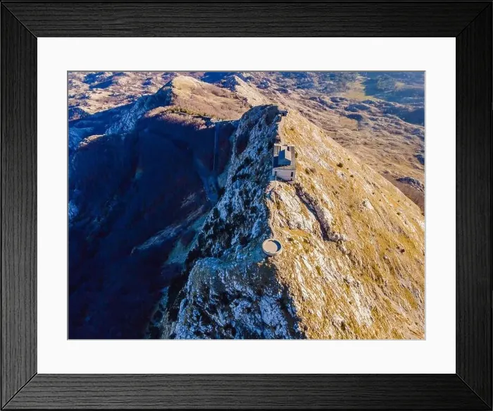 Framed Print : Petar II Petrovic-Njegos mausoleum on the top of mount Lovchen in Montenegro. Aerial view, drone