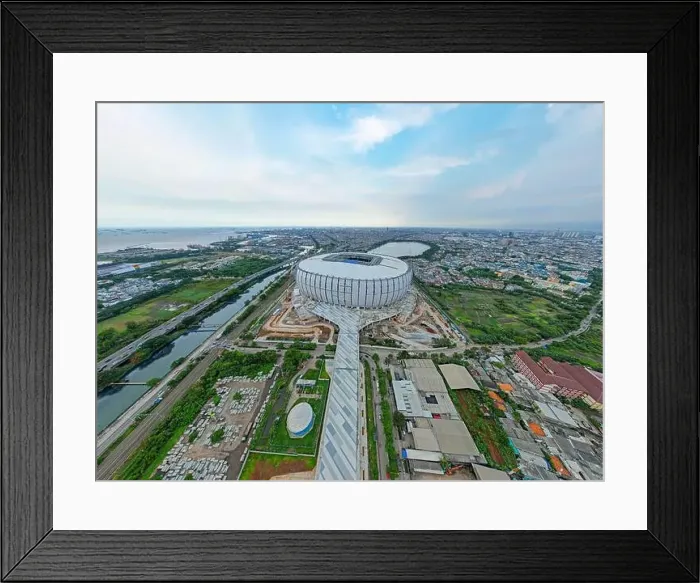 Framed Print : Aerial view. Construction of new football stadium for upcomming Indonesia Team