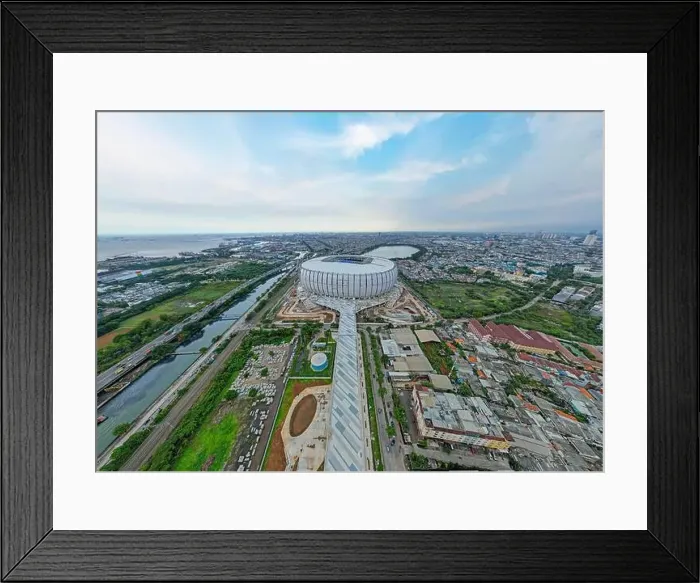 Framed Print : Aerial view. Construction of new football stadium for upcomming Indonesia Team