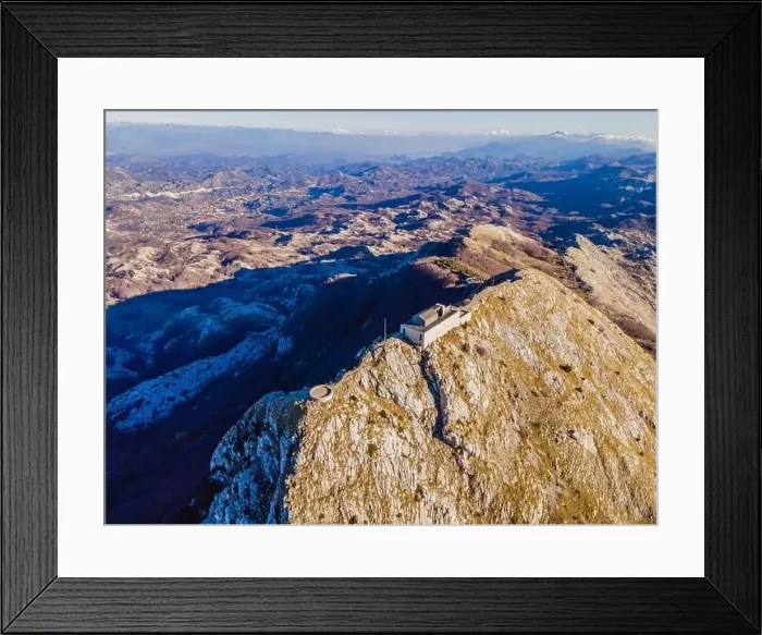 Framed Print : Petar II Petrovic-Njegos mausoleum on the top of mount Lovchen in Montenegro. Aerial view, drone Framed Print : Petar II Petrovic-Njegos mausoleum on the top of mount Lovchen in Montenegro. Aerial view, drone
