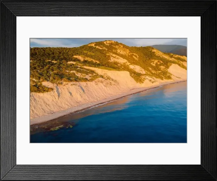 Framed Print : Aerial view of sea coastline and cliff with sunset colors Framed Print : Aerial view of sea coastline and cliff with sunset colors